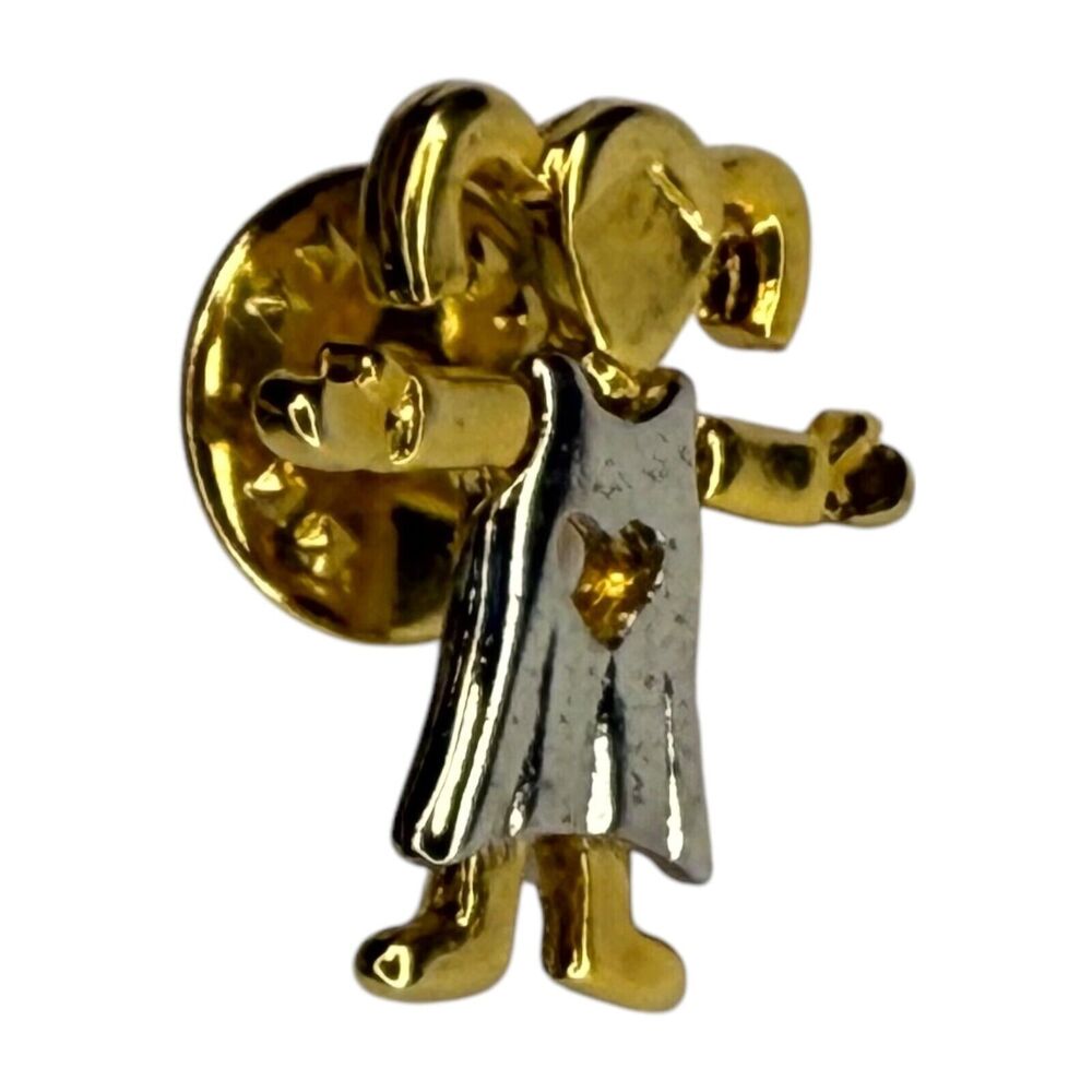 Vintage Pigtail Girl Heart Dress Two-Tone Gold & Silver Lapel Pin Brooch - Picture 4 of 6